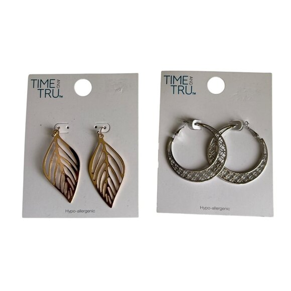 Time And Tru Hypoallergenic Gold Tone Leaf &  Silver Tone Hoop Cutout Earrings - Picture 1 of 6